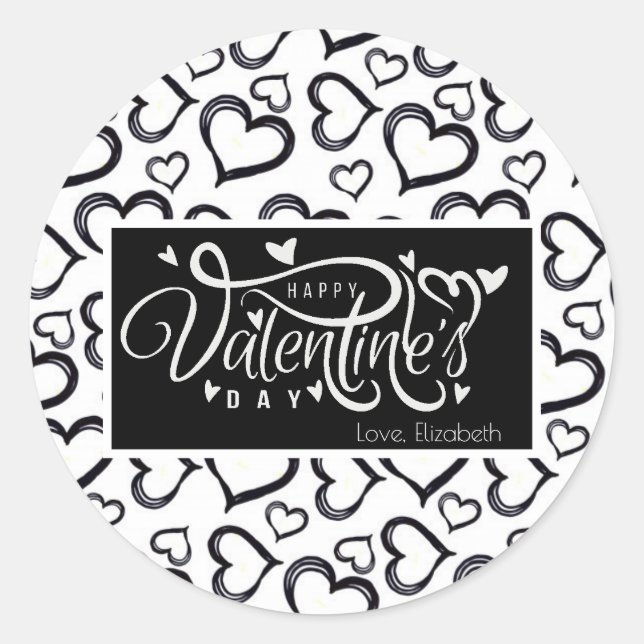 Pegatina Redonda Sencillos corazones negros y blancos regalo de San (Anverso)