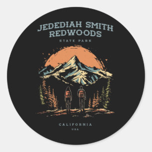 Pegatina Redonda Senderismo con mochila en Jedediah Smith Redwoods 