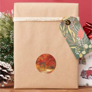 Pegatina Redonda Sendero en el bosque, otoño,