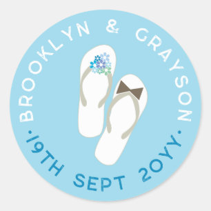 Pegatina Redonda Señor y Señora Flores Azules Chanclas Bodas de Pla