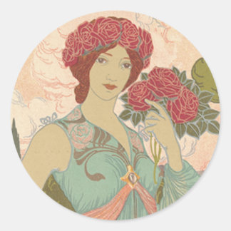 Pegatina Redonda Señora de Art Nouveau con Rosas