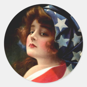 Pegatina Redonda Señora de la Bandera 4 de Julio Arte Patriótico Vi