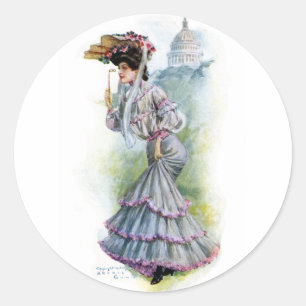 Pegatina Redonda Señora del Victorian en vestido de la lavanda