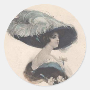 Pegatina Redonda Señora elegante del vintage en gorra