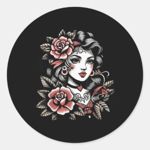 Pegatina Redonda Señora gitana _ Amantes del tatuaje _ Estilo Boho 