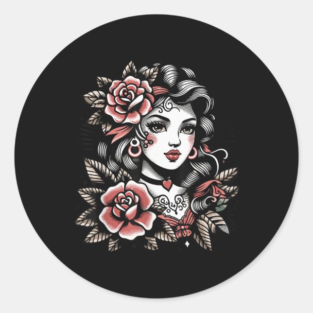 Pegatina Redonda Señora gitana _ Amantes del tatuaje _ Estilo Boho  (Anverso)