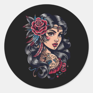Pegatina Redonda Señora Gitana _ Estilo Boho _ Tattoo Art _ Tee de 