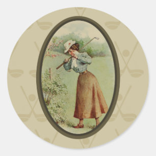 Pegatina Redonda Señora Golfing Art del vintage