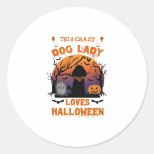Pegatina Redonda Señora Perro Loco Ama Tumba de Calabaza de Caniche