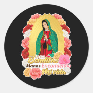 Pegatina Redonda Señora Virgen De Guadalupe Santa Virgen María Rosa