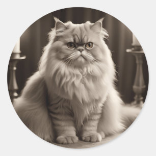 Pegatina Redonda Sepia Persa Cat Retrato Timeless Elegante