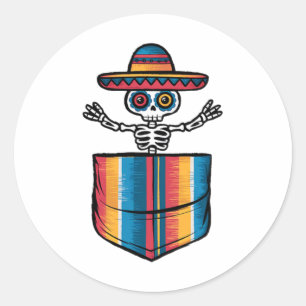 Pegatina Redonda Serape Skeleton Mariachi Pocket Cinco De Mayo Mexi