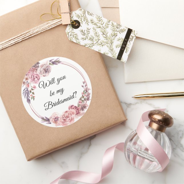 Pegatina Redonda ¿serás mi dama de honor? boda de peonía geométrica (Regalar)
