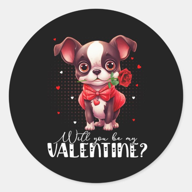 Pegatina Redonda ¿Serás mi San Valentín adorable perro Boston Terri (Anverso)