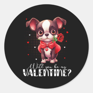 Pegatina Redonda ¿Serás mi San Valentín adorable perro Boston Terri