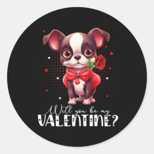 Pegatina Redonda ¿Serás Mi San Valentín Lindo Perro Boston Terrier 