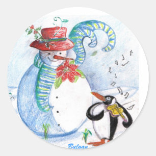 PEGATINA REDONDA SERENADE INVIERNO DE SNOWMAN Y PENGUIN