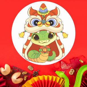Pegatina Redonda Serpiente linda en baile de león con "Fu"