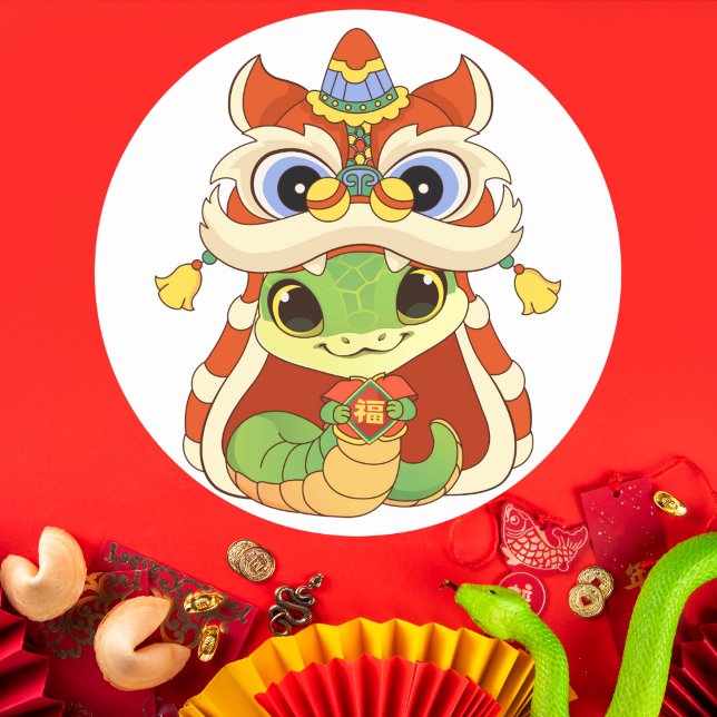 Pegatina Redonda Serpiente linda en baile de león con "Fu" (Subido por el creador)
