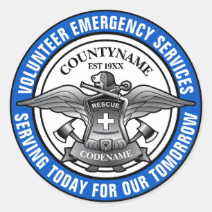 Pegatina Redonda Servicios de emergencia voluntarios Azul