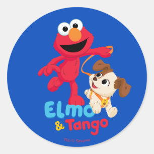 Pegatina Redonda Sesame Street   Elmo y Tango Corriendo