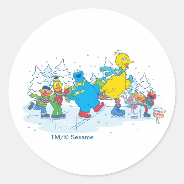 Pegatina Redonda Sesame Street | Ice Skating Friends Sticker (Anverso)