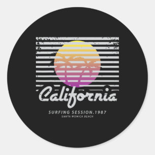 Pegatina Redonda Sesión de Surf en California 1987 Playa Santa Móni