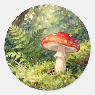 Pegatina Redonda Seta Amanita Moscata Acuarela Escena del Bosque