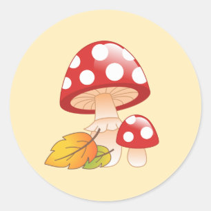 Pegatina Redonda Setas y hojas de algodón rojo en toadstool amarill