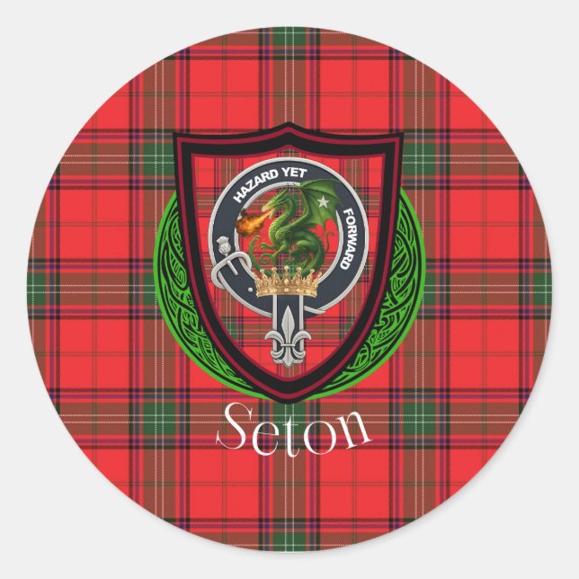 Pegatina Redonda Seton Scottish Clan Tartan & Crest (Anverso)
