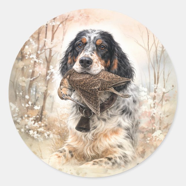 Pegatina Redonda Setter Inglés, Caza de Chocha ,Arte de Perro (Anverso)