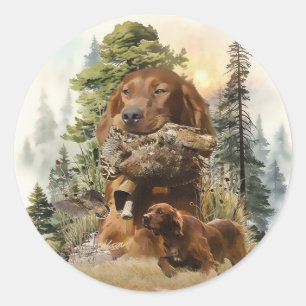 Pegatina Redonda Setter irlandés, caza de Woodcock, arte