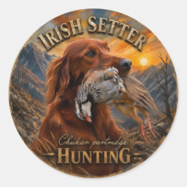 Pegatina Redonda Setter Irlandés con Perdiz Chucar ,Arte