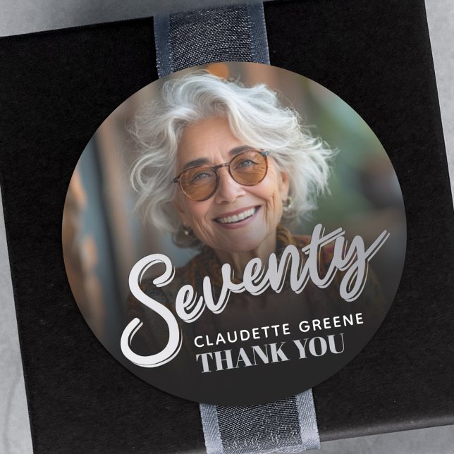 Pegatina Redonda Seventy 70th birthday party photo silver favor (Subido por el creador)