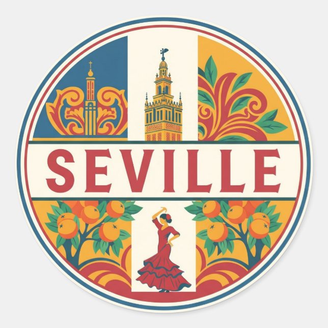 Pegatina Redonda Sevilla España Plaza de España (Anverso)