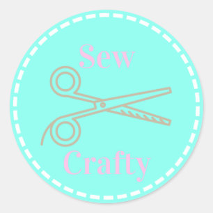 Pegatina Redonda Sew Crafty Aqua Blue Circle con tijeras