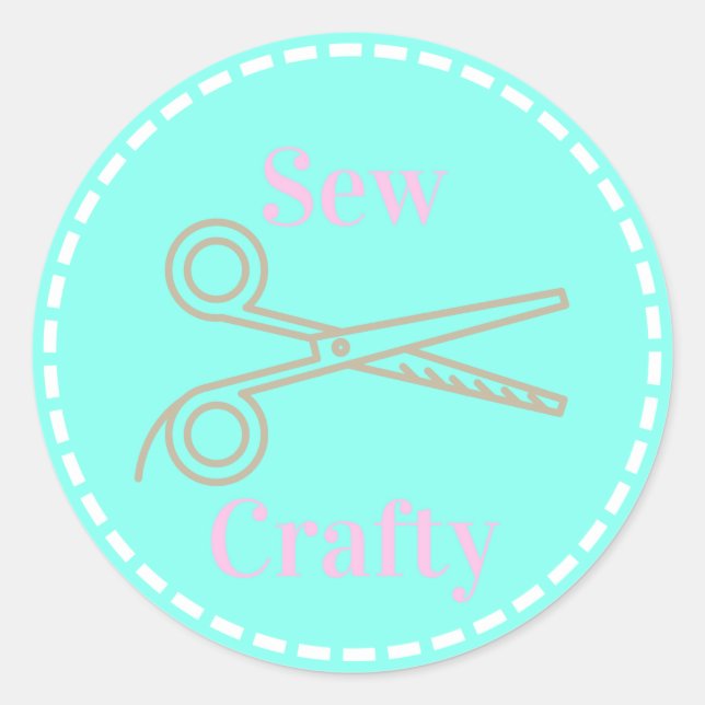 Pegatina Redonda Sew Crafty Aqua Blue Circle con tijeras (Anverso)