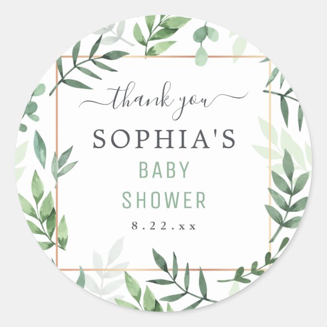 Pegatina Redonda Sexo de Baby Shower Agua Botánica Neutral (Anverso)