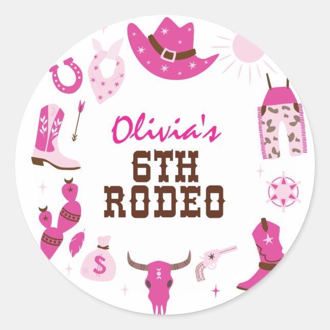 Pegatina Redonda Sexto cumpleaños de Rodeo Rosa Occidental Cowboy (Anverso)