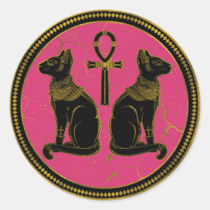 Pegatina Redonda Sfinx Black & Gold Egyptian cat en fuchsia
