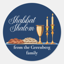 Pegatina Redonda Shabbat Shalom Personalizado Blue Sabbath Dinner