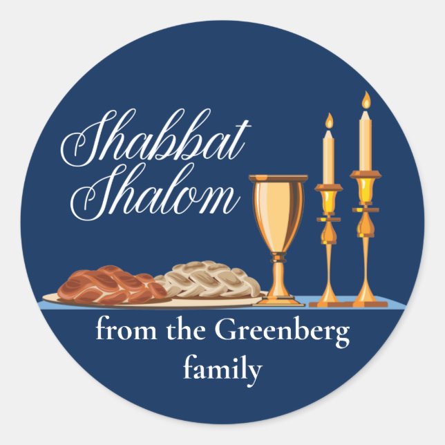 Pegatina Redonda Shabbat Shalom Personalizado Blue Sabbath Dinner (Anverso)