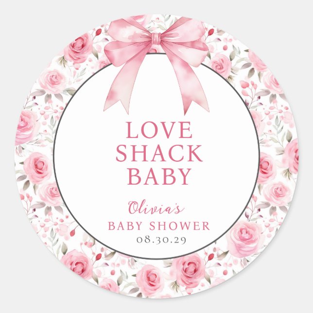 Pegatina Redonda Shabby Chic Coquette Pink Love Shack Baby Shower (Anverso)