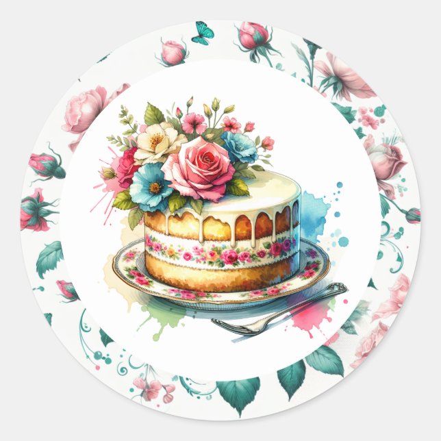 Pegatina Redonda Shabby Chic Floral Cumpleaños Cake (Anverso)