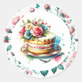 Pegatina Redonda Shabby Chic Floral Cumpleaños Cake