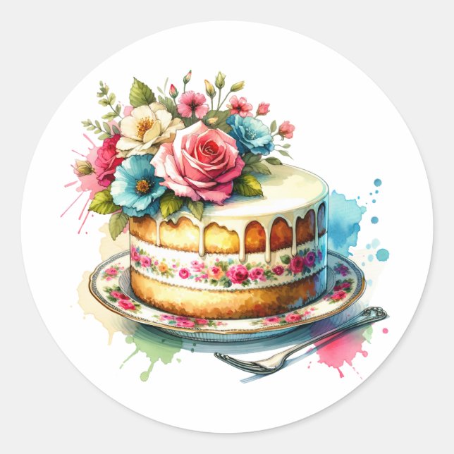 Pegatina Redonda Shabby Chic Floral Cumpleaños Cake (Anverso)