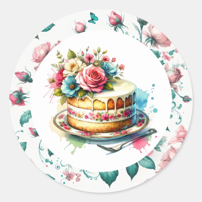 Pegatina Redonda Shabby Chic Floral Cumpleaños Cake (Anverso)