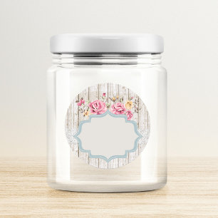 Pegatina Redonda Shabby Chic Floral Rústico Madera y Encaje Con Sup