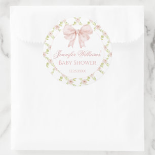 Pegatina Redonda Shabby Chic Pink Bow Floral Baby Shower