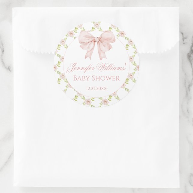 Pegatina Redonda Shabby Chic Pink Bow Floral Baby Shower (Bolso)